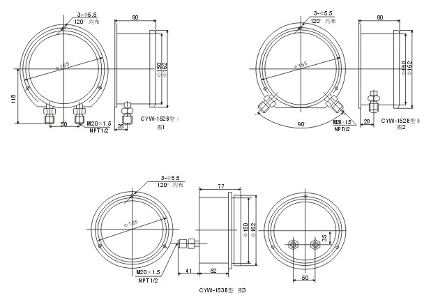 CYW-150B系列不锈钢差压表尺寸示意图