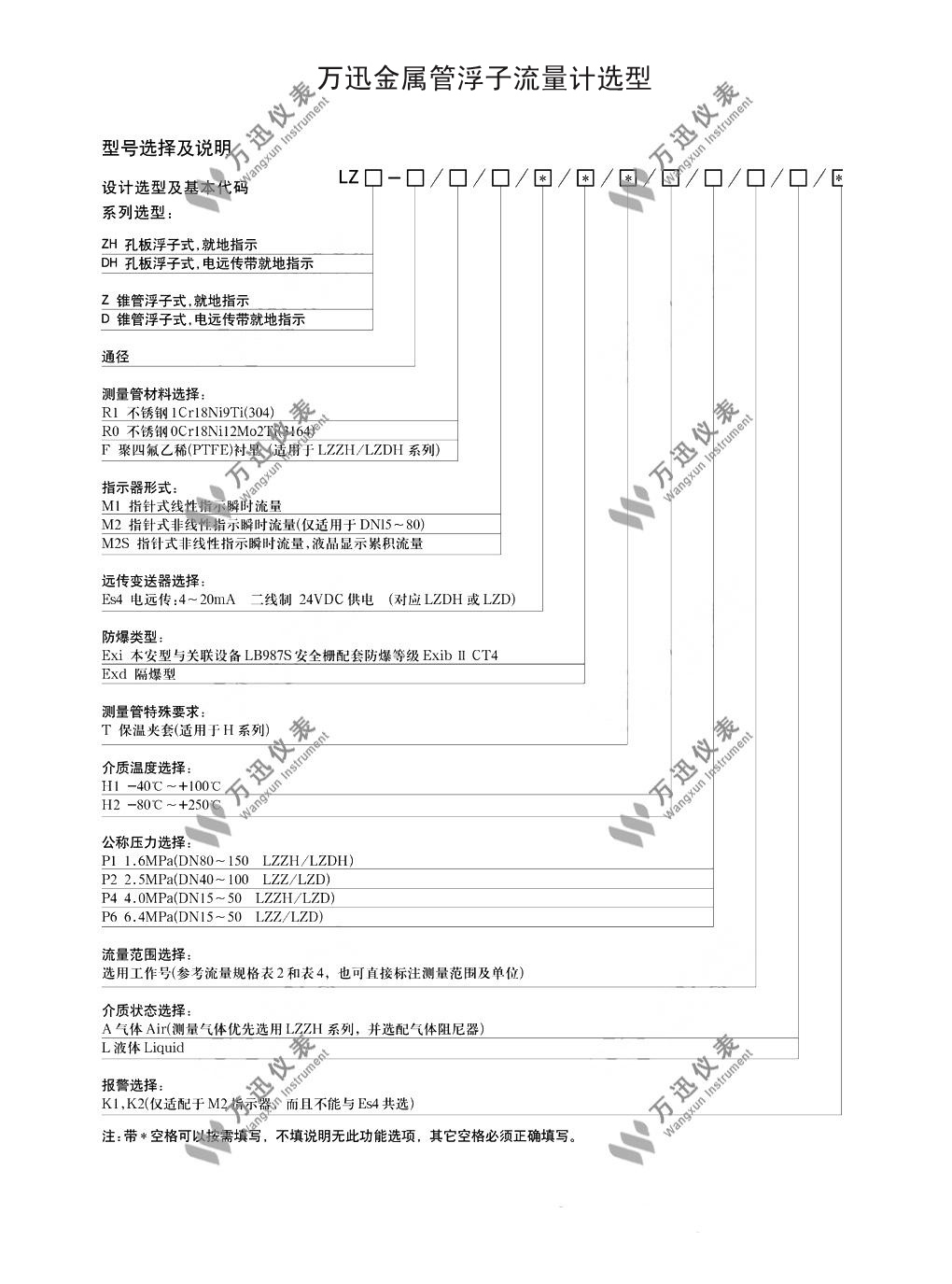 万迅金属管浮子流量计选型表图