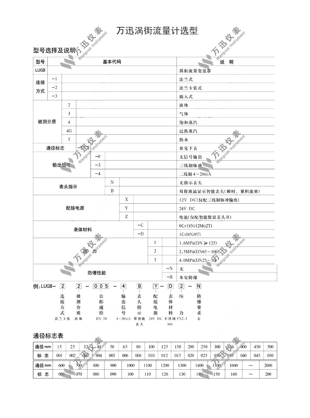 涡街流量计选型表图