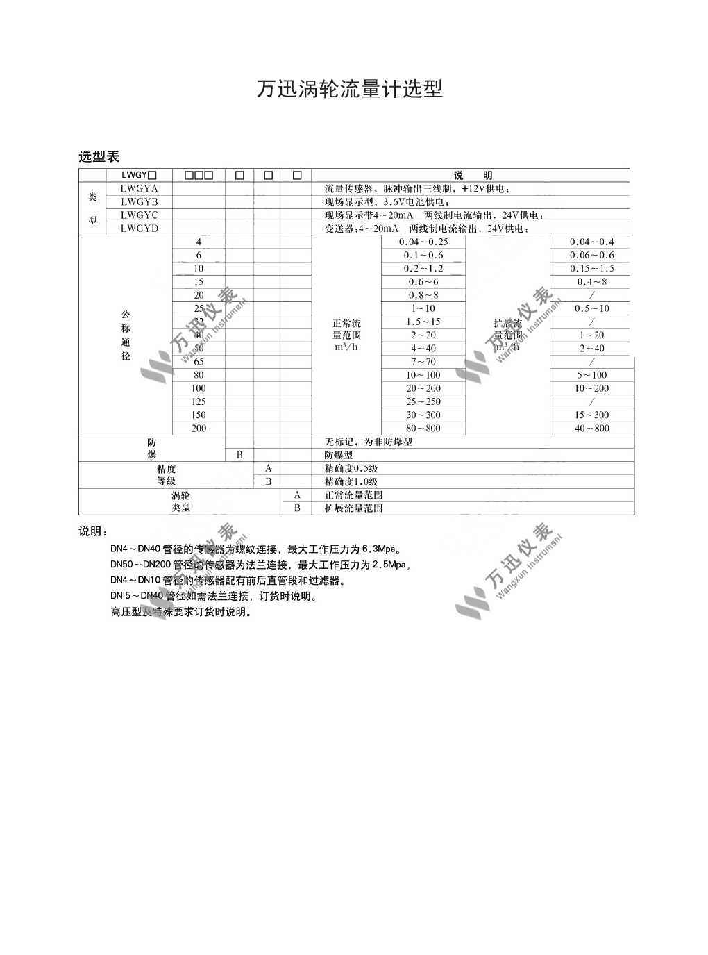 涡轮流量计选型图