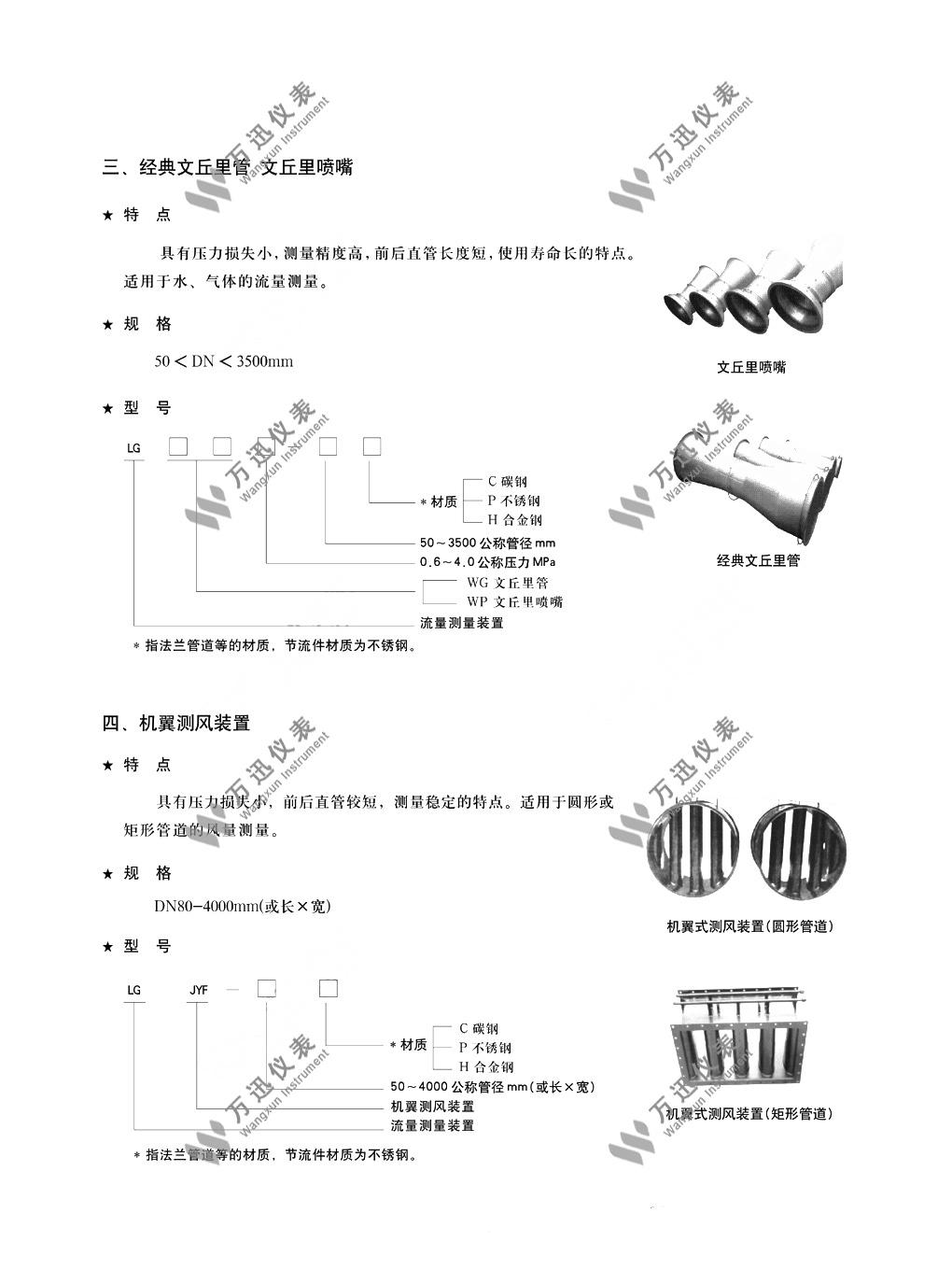 万迅文丘里管和机翼测风装置选型表图